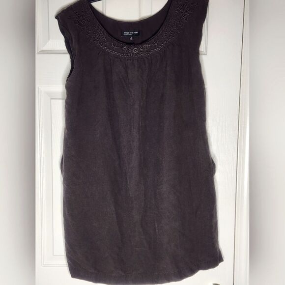 Jones New York 16 Brown SILK LINEN Embroidered Pockets Slvless Women Mini Dress - Picture 1 of 9
